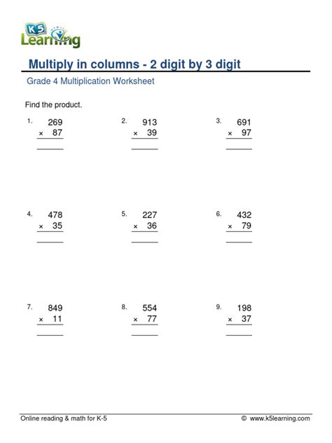 Multiply in Columns Worksheets for Grade 4 .